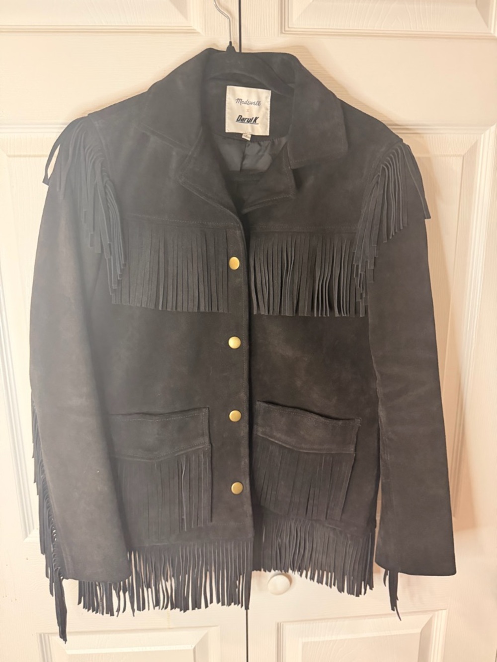 Madewell Black Suede Fringe Jacket with Brass Buttons